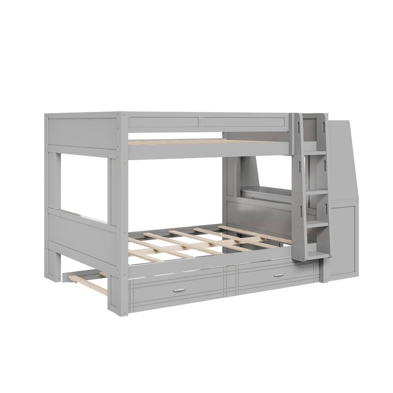Full Size Multifunctional Bunk Bed Frame with Bookshelves, Desk and Cabinet, Optional with Pull-out Drawers or Trundle Bed