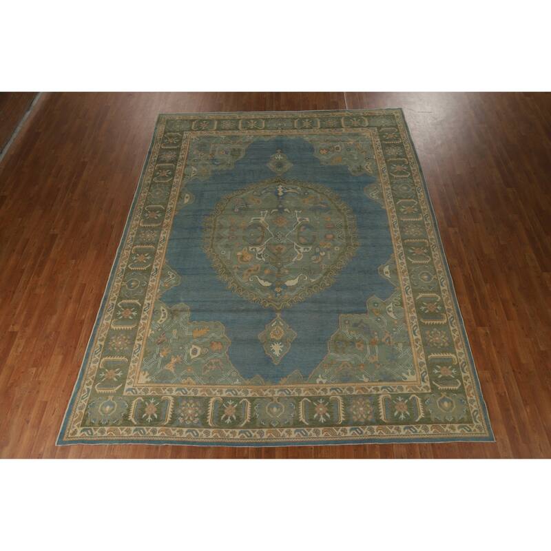 Hand Knotted Oriental 100% Wool Carpet Transitional Medallion Navy Blue & Blues Oushak Area Rug - 11' 11'' X 9' 2''