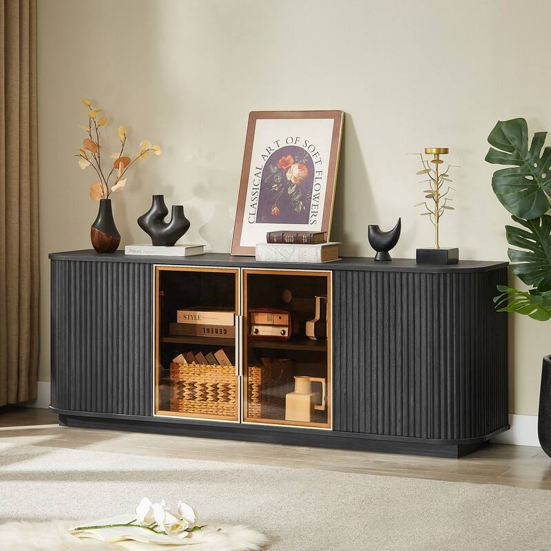 Sideboard Storage Cabinet TV Stand with wave pattern Buffet Cabinet Wooden Vertical Striped Cabinet