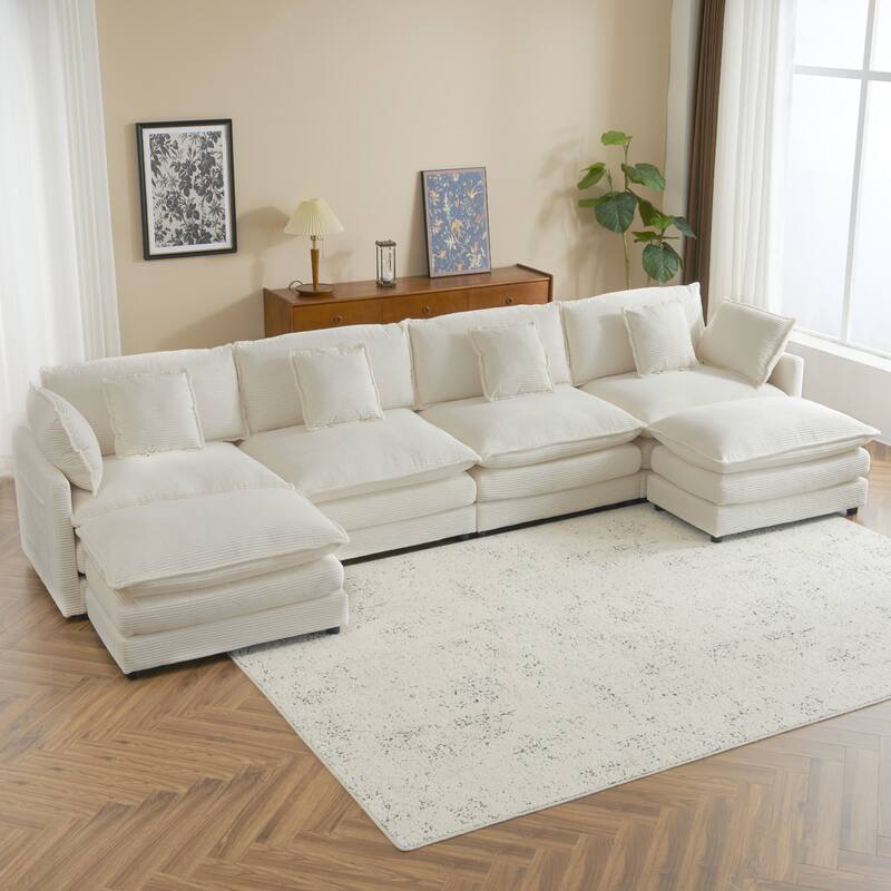 Modern Sofa Modular Sofa Couch Upholstered Corduroy L-Shape Sectional Sofa with Side Storage Pockets for Living Room - Beige