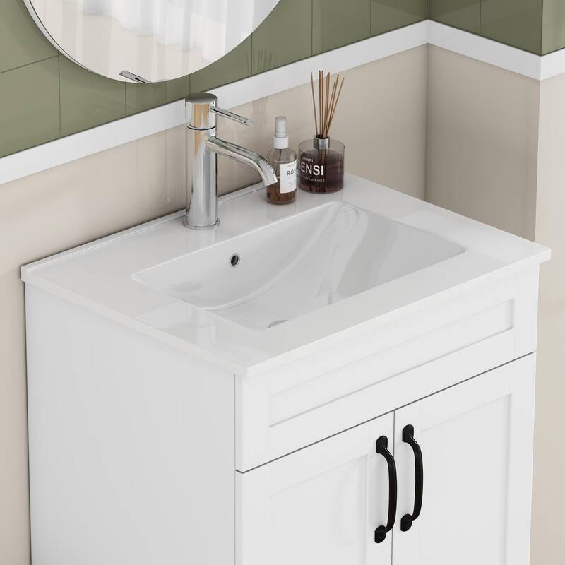 Anmytek 24-Inch White Ceramic Bathroom Sink Fits 32-Inch Vanities Pre-Drilled Faucet Hole Space-Saving Easy to Clean