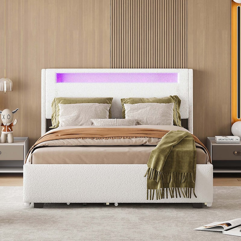 Full Size Upholstered Bed with LED and Twin Size Trundle