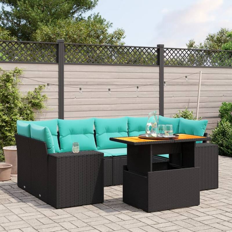 vidaXL Patio Sofa Set with Cushions Outdoor Furniture 7 Piece Poly Rattan - Black - 24.4 x 24.4 x 27.2