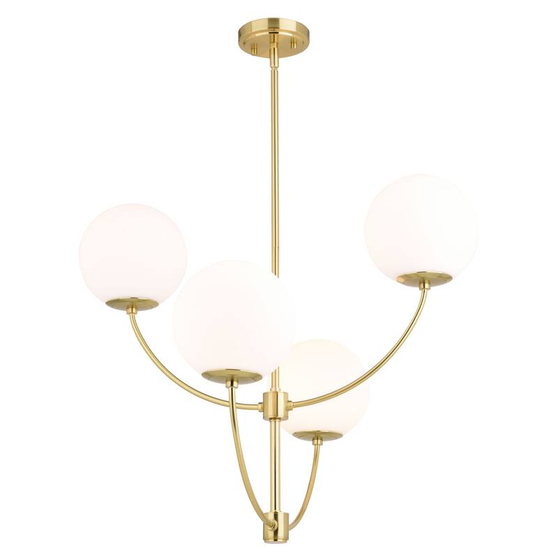 Avers 4 Light LED Compatible Gold Brass Mid-Century Modern Chandelier White Globe Glass - 26-in W x 27.25-in H x 26-in D