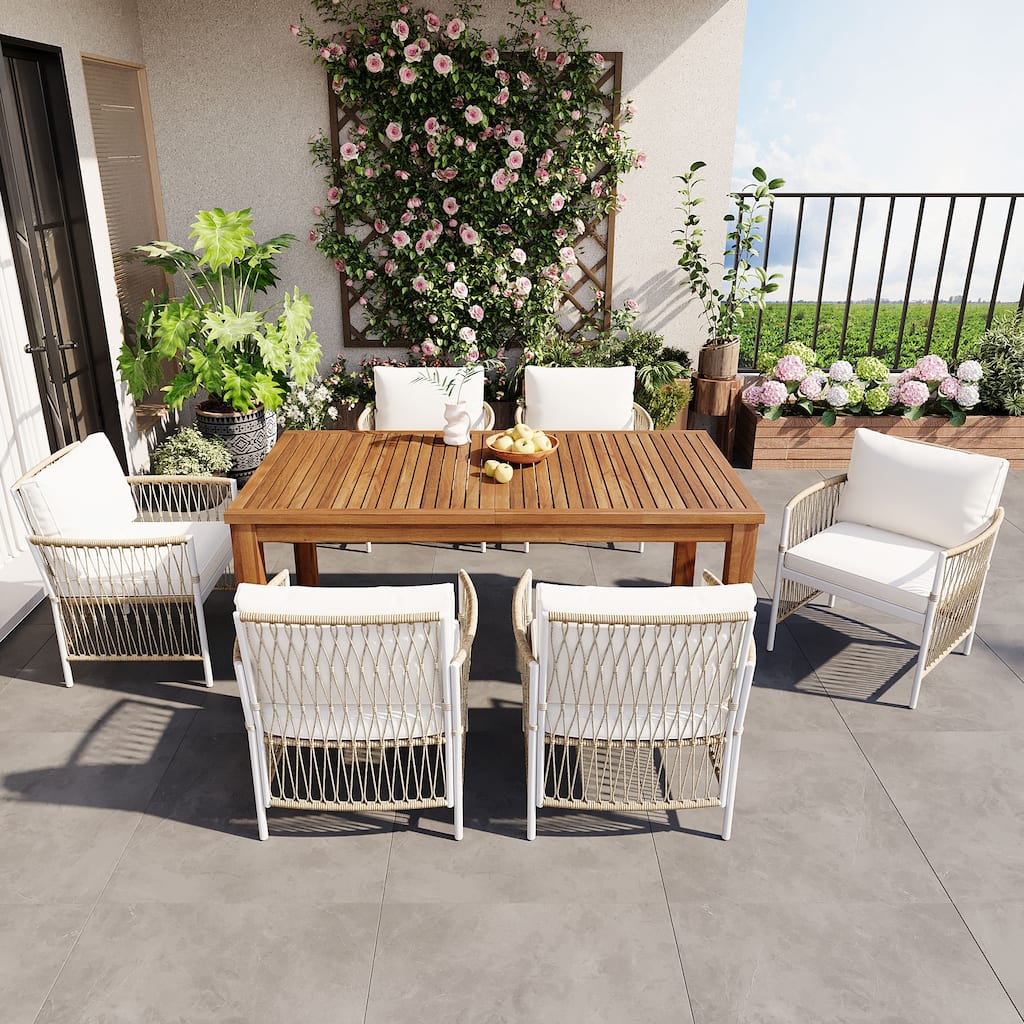 Roomfitters 7-Piece Patio Dining Set, Rectangular Outdoor Table with 6 White Rope Weave Armchairs & Cushions, Natural