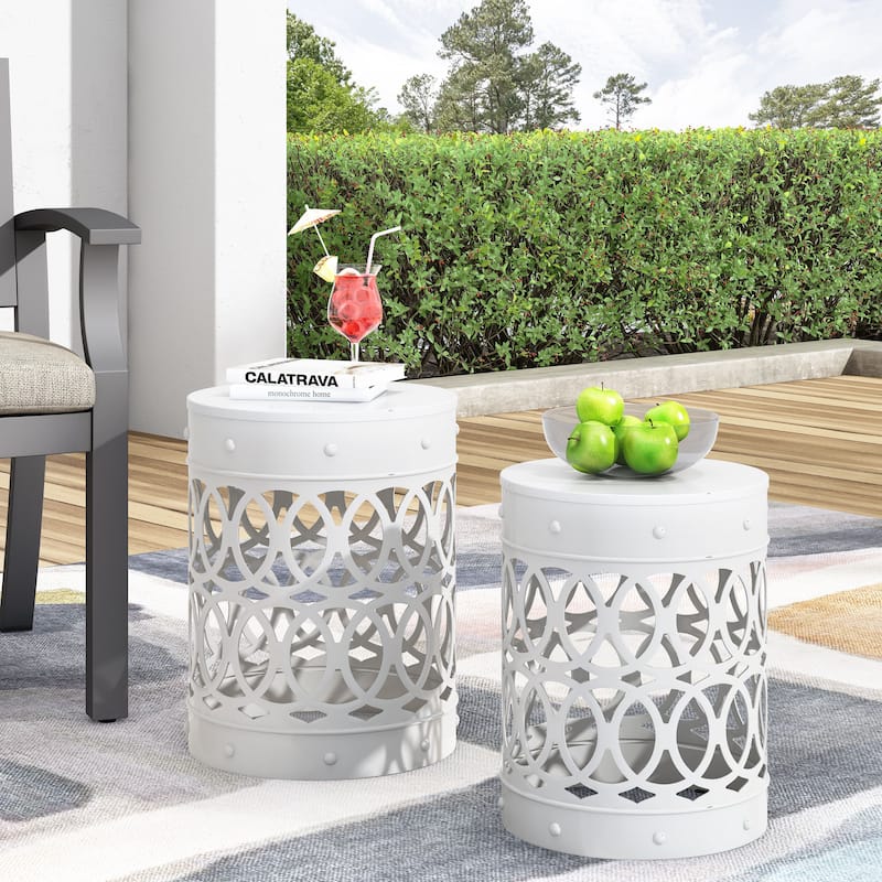 Roomfitters Outdoor Metal Side Tables Set of 2, Decorative Powder-Coated Iron Accent End Tables for Patio or Garden