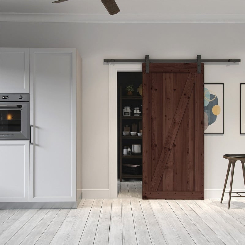Farm Style Sliding Door, Unfinished with Sliding Door Hardware Kit - Distressed Smoke Brown