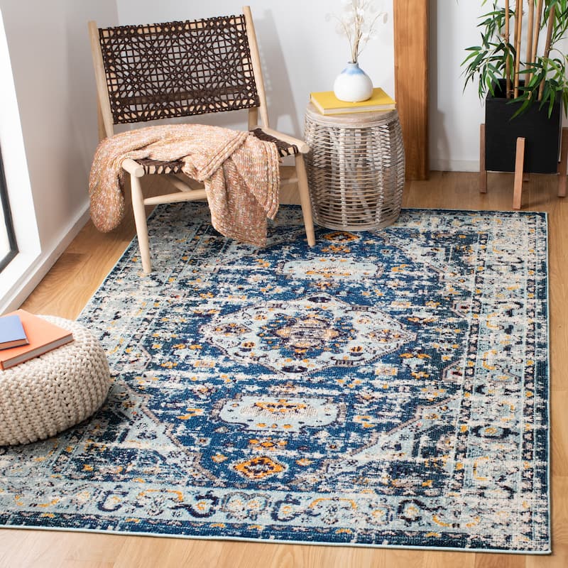 SAFAVIEH Madison Willodean Boho Oriental Distressed Rug - 9' x 12' - Dark Blue/Light Blue
