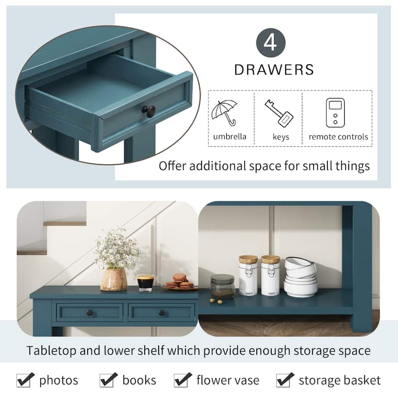 Rustic Dark Blue Console Table Entry Hallway Table, 63" Wood Rectangular Sofa Side Table with 4 Storage Drawers and Bottom Shelf
