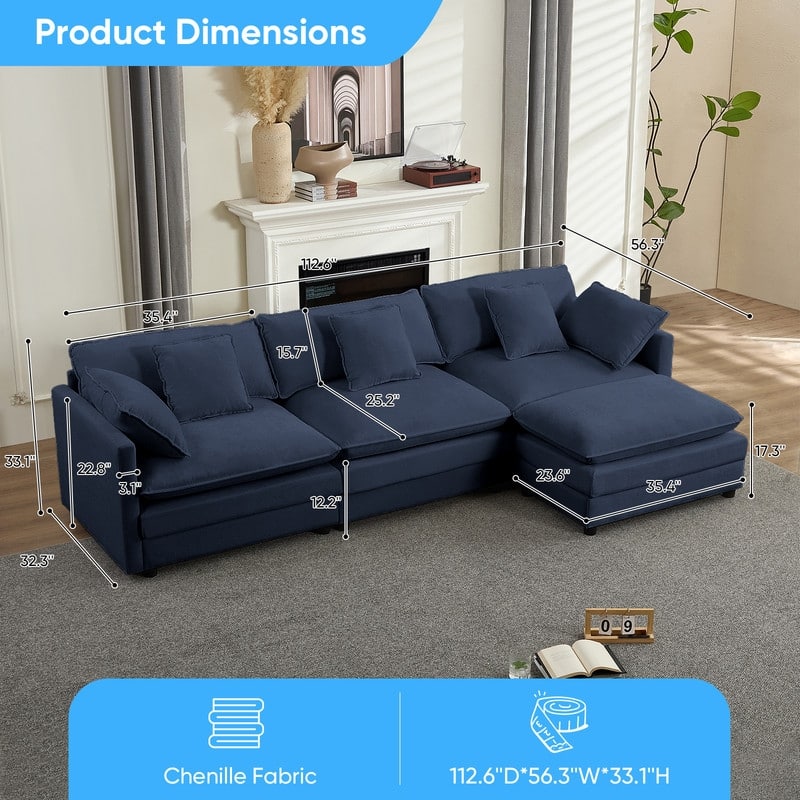 Mixoy 113''L-Shaped Modular Sectional Sofa,Modern Chenille 4-Seater Cloud Couch with Ottoman and Thickened Cushion
