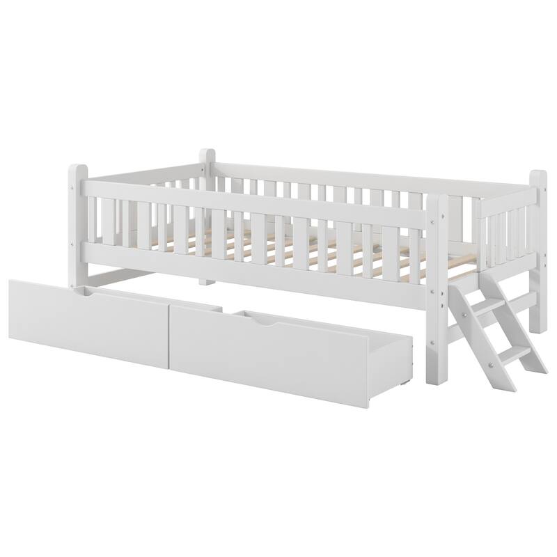 Bedroom Wood Twin Size Platform Bed with Both Sides Guardrail and 2 Storage Drawers, Kids Bed Frame with Slats Support