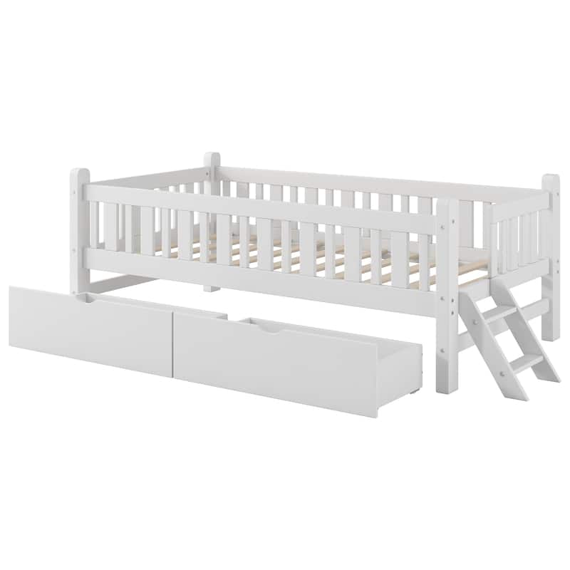 Low Twin Platform with 2 Drawers & Guardrails for Kids Room