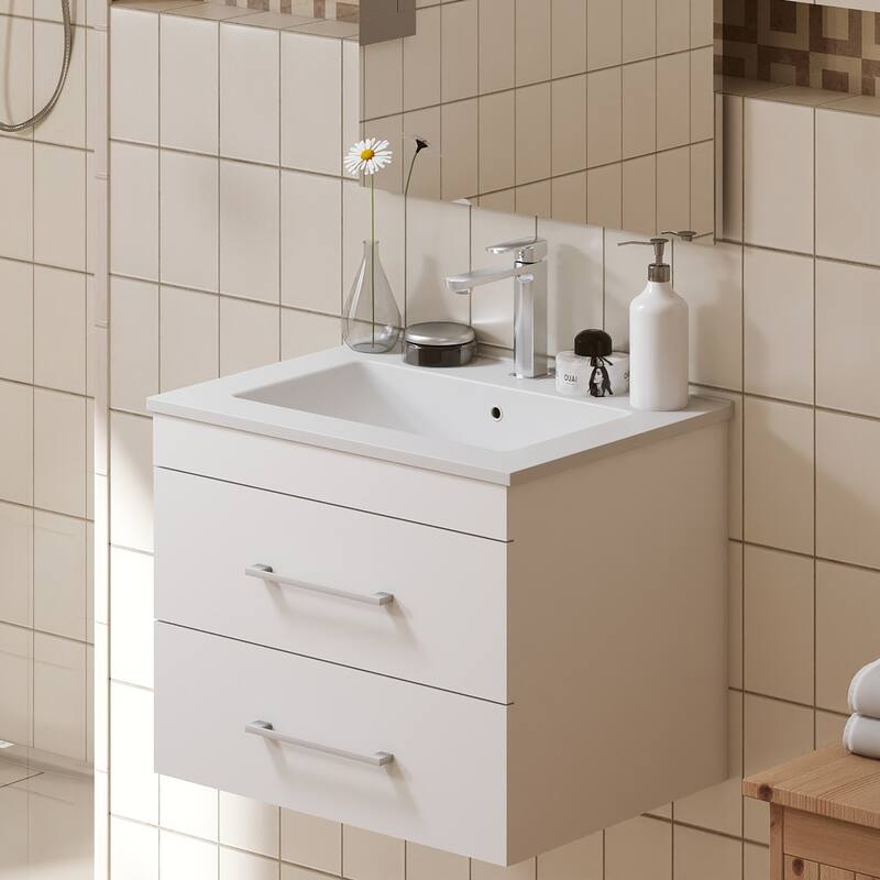 GDFStudio - 24-Inch Gloss Wall-Mounted Bathroom Vanity with Double Drawers Ceramic Sink, and Aluminium Frame