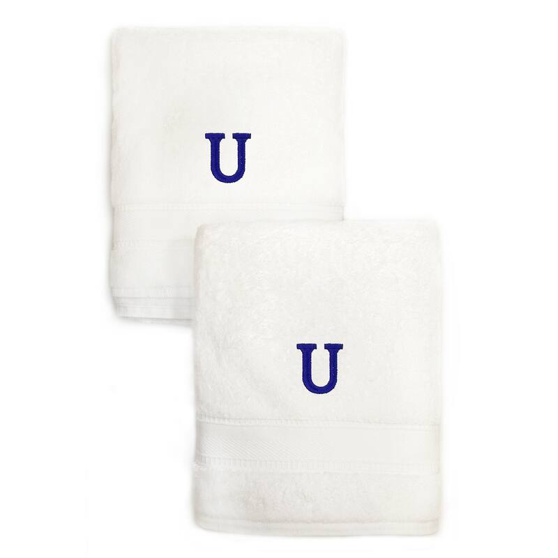 Sweet Kids 2-piece White Turkish Cotton Hand Towels with Royal Blue Monogrammed Initial - White/U