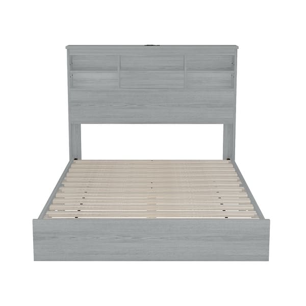 slide 2 of 19, Queen Vintage Platform Bed with Storage Headboard and Charging Station Light Gray - Queen