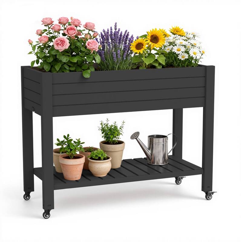 Raised Garden Bed with Trellis for Climbing Plants,Outdoor with Drainage Plug and Gauge DustProof Resin for Garden Backyard