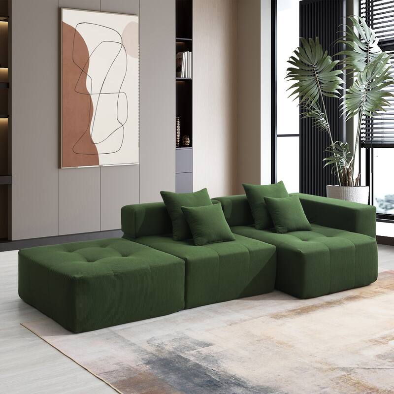 L-shaped corduroy upholstered sectional sofa with ottoman