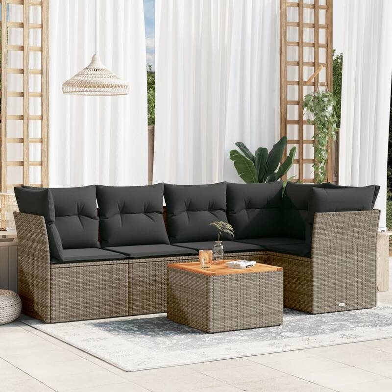 vidaXL Patio Sofa Set with Cushions Outdoor Furniture 6 Piece Poly Rattan - Grey - 21.7 x 21.7 x 14.6