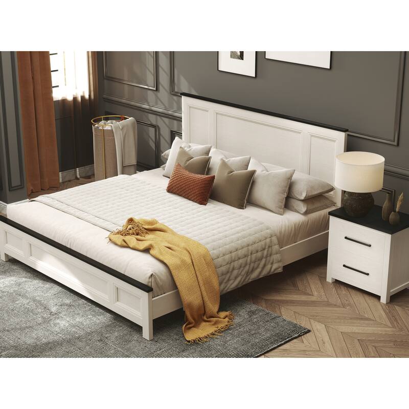 Roundhill Furniture Realynn 4-Piece Wood Bedroom Set, Panel Bed with Dresser, Mirror, and Nightstand, Off-White Finish