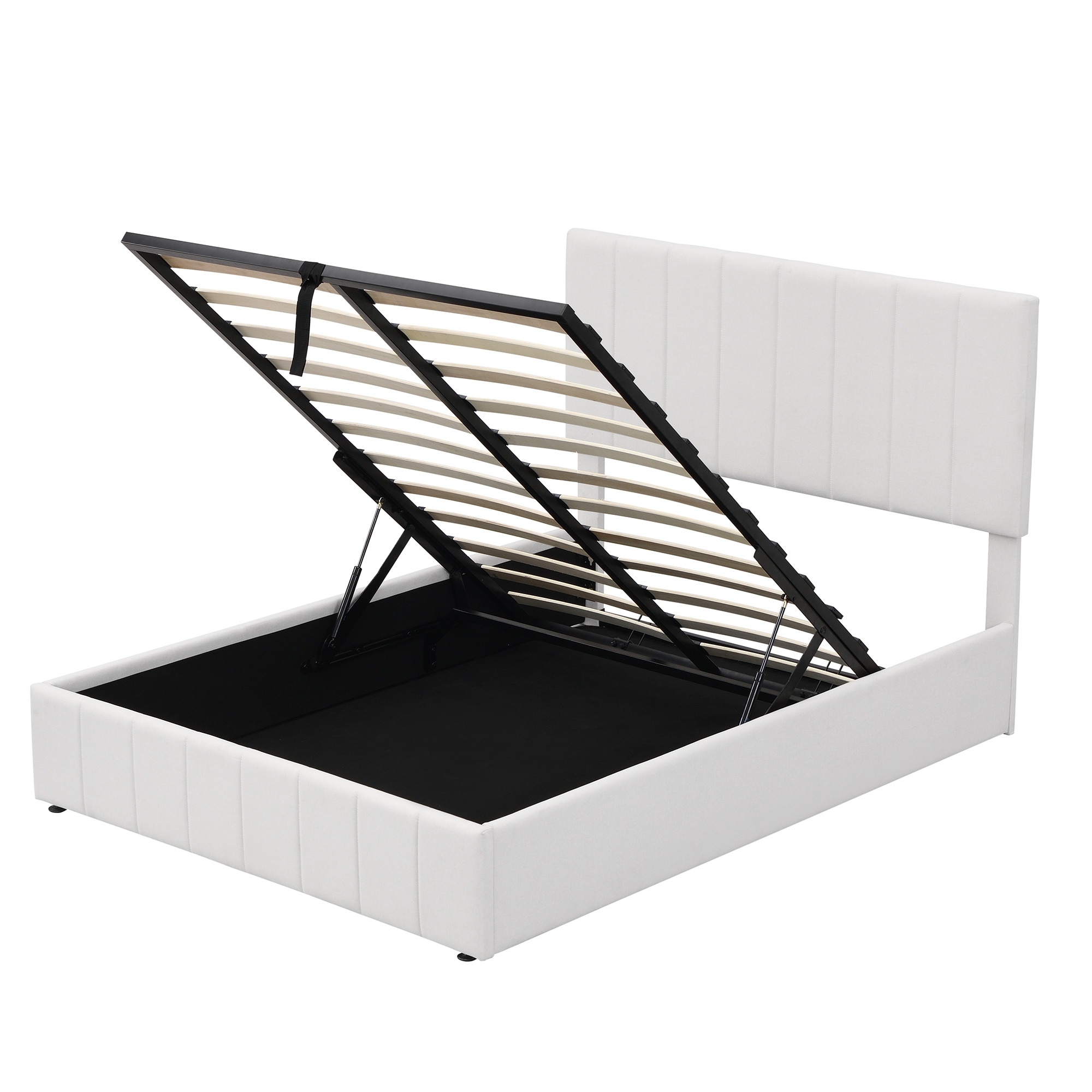 Upholstered Lift Up Storage Platform Bed, Full Size Linen Bed Frame with Hydraulic Storage System and Wooden Slat Support, White