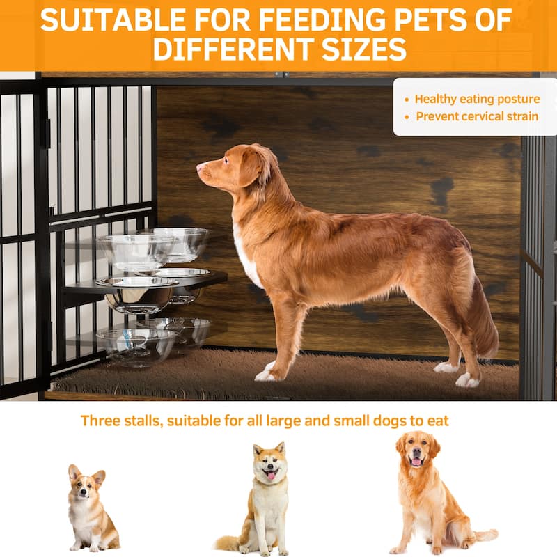 Dog Cage Furniture with Cushion, Dog Kennel Indoor with Rotating Feeder Bowls, Heavy Duty Indoor Cage Kennel