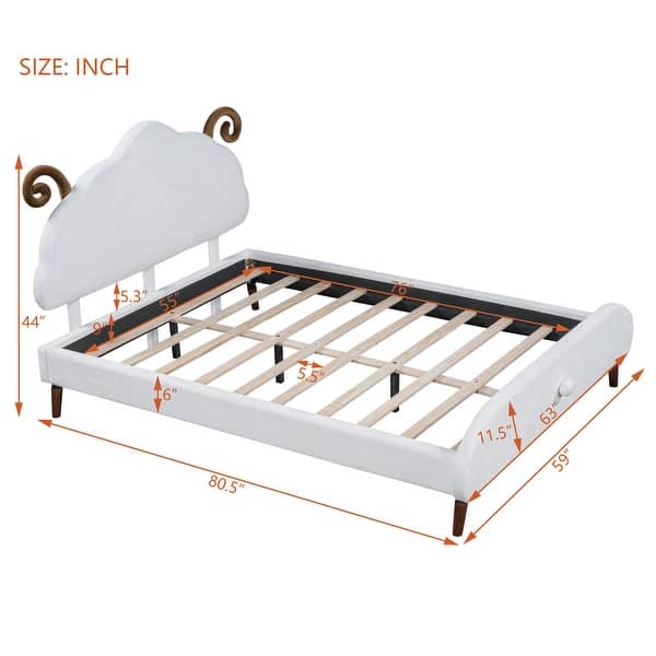 dimension image slide 4 of 5, Full Size Upholstered Platform Bed with animal Shaped Headboard, Adorable and Playful Addition to Any Bedroom