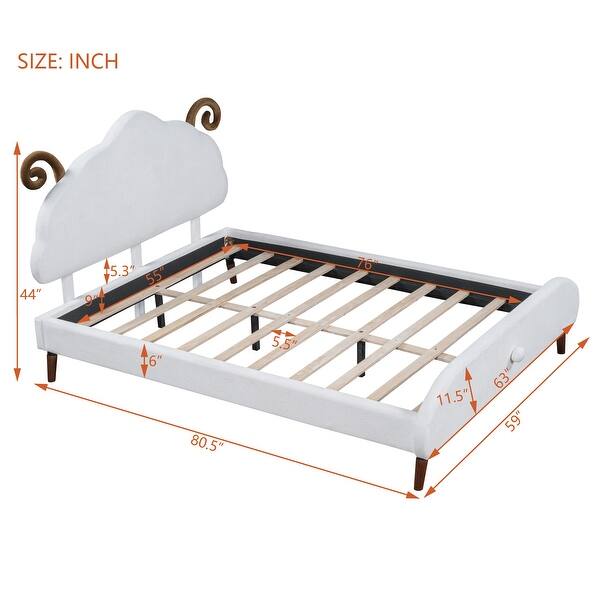 dimension image slide 2 of 4, Twin Size Upholstered Platform Bed Animal Theme Design Bed Frame with Sheep-Shaped Headboard and Footboard, No Box Spring Needed