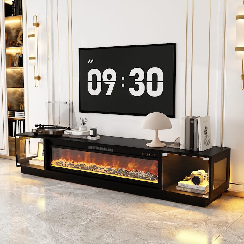Modern Black Fireplace TV Stand Combo,Remote Fireplace Heater,2 Drawers,Light Strip & USB