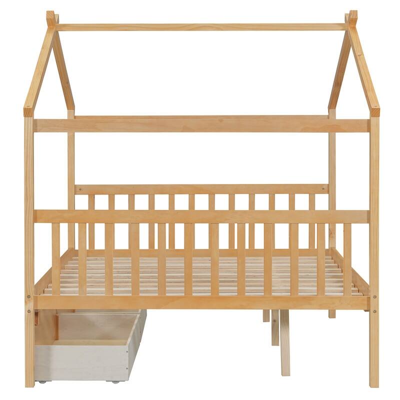 Full Size Wooden House Bed with Two Drawers