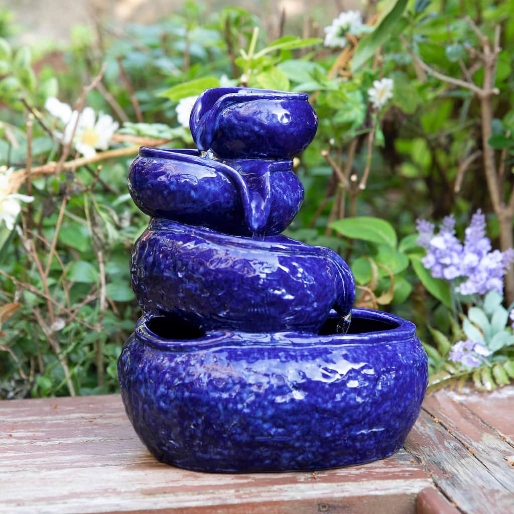 Glitzhome 11.75"H 4-Tiered Ceramic Cobalt Blue Table Fountain with Pump