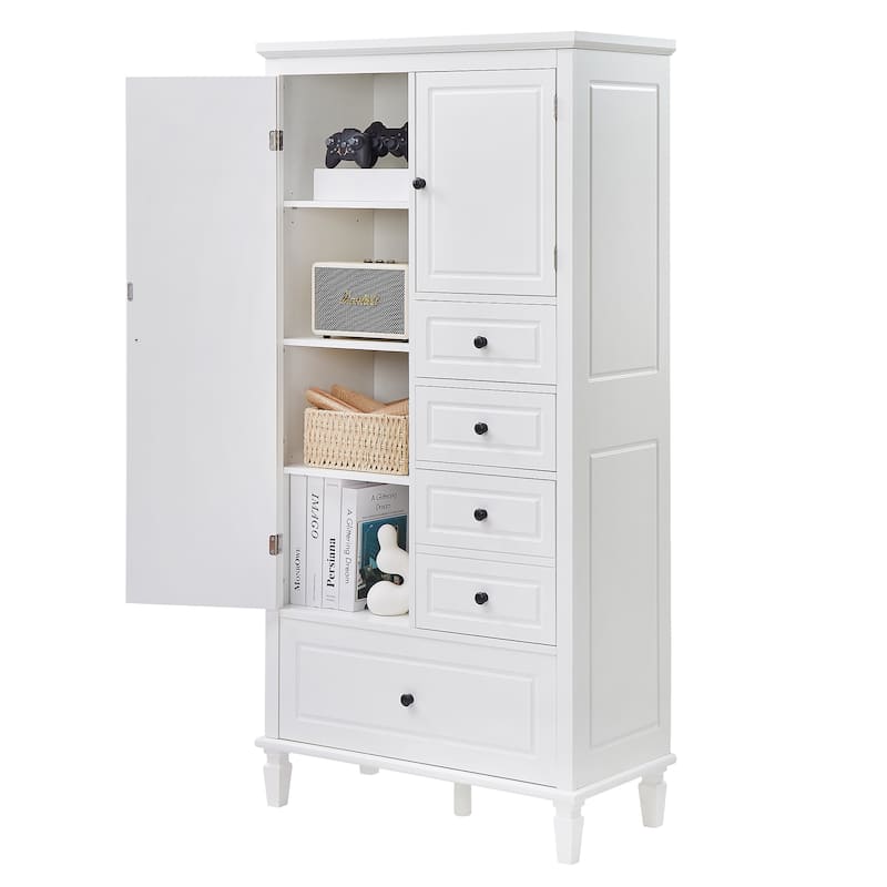 Tall and Wide Storage Cabinet with Doors, Four Drawers of Different Sizes, Adjustable Shelves