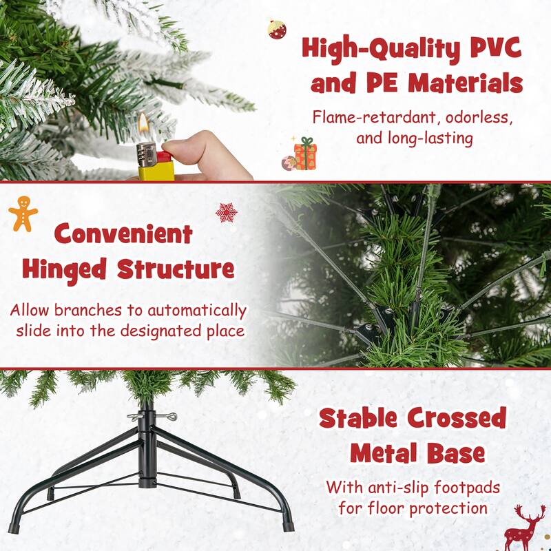 Gymax 6/7.5/9 FT Pre-Lit Artificial Christmas Tree Snow Flocked Hinged