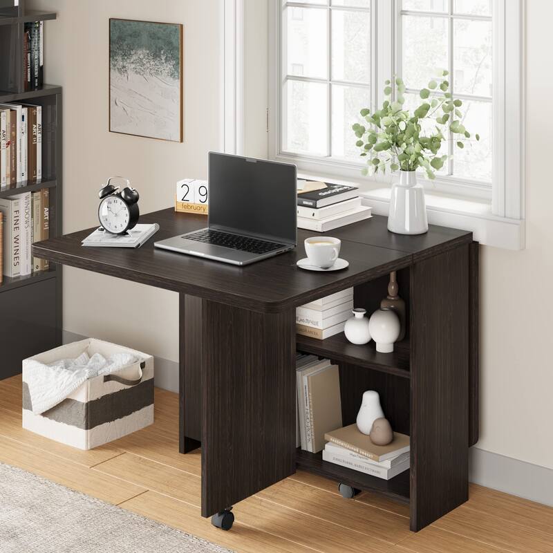 47.2 inch Modern Folding Dining Table with Drop Leaf and 2 Storage Racks - 47.2"D x 23.6"W x 31.9"H