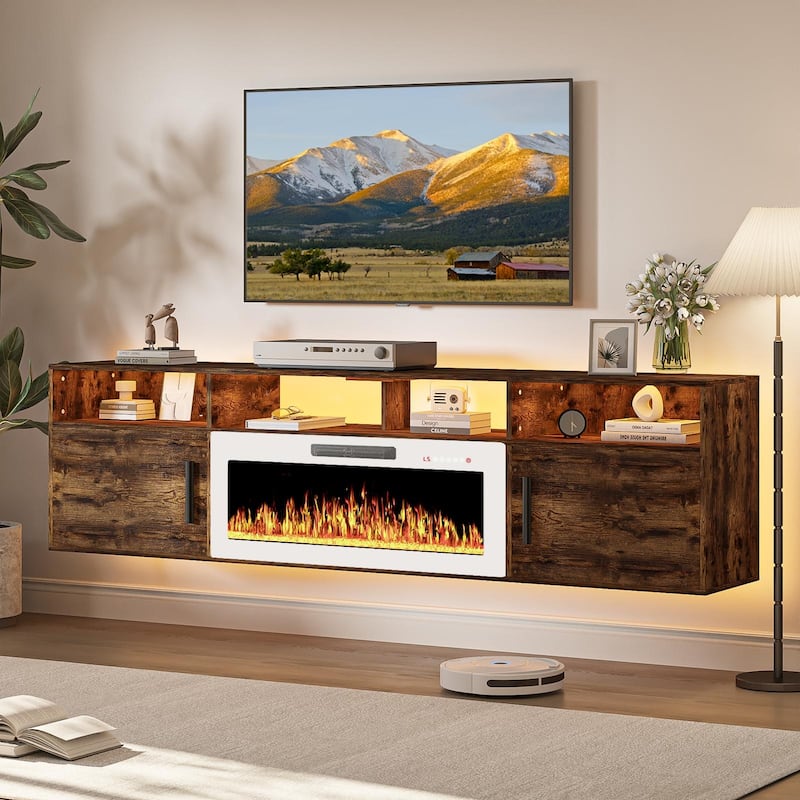 BOSSIN 80" Floating TV Stand with 36" Electric Fireplace, High Gloss Finish Wall Mounted Fireplace TV Stand with Storage - New Brown