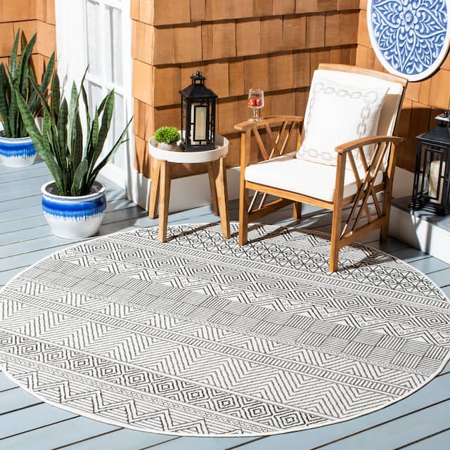 SAFAVIEH Courtyard Zorana Indoor/ Outdoor Waterproof Patio Backyard Rug - 6'7" x 6'7" Round - Ivory/Black