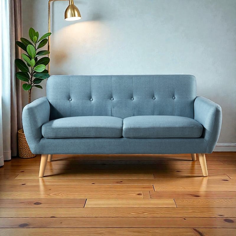 67.25" Button Tufted Loveseat, Mid-Century Modern Upholstered Sofa with Tapered Wood Legs - Blue