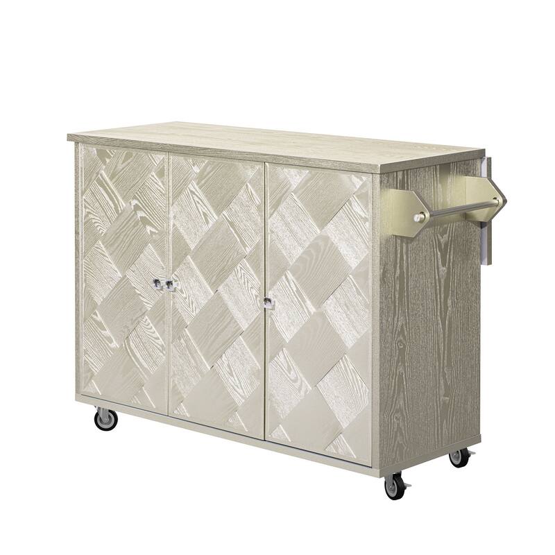 Rolling Kitchen Island with Drop Leaf, Ash Veneer Handwoven Doors, Internal Storage Rack, and Wheels - 51.2" Coastal Design