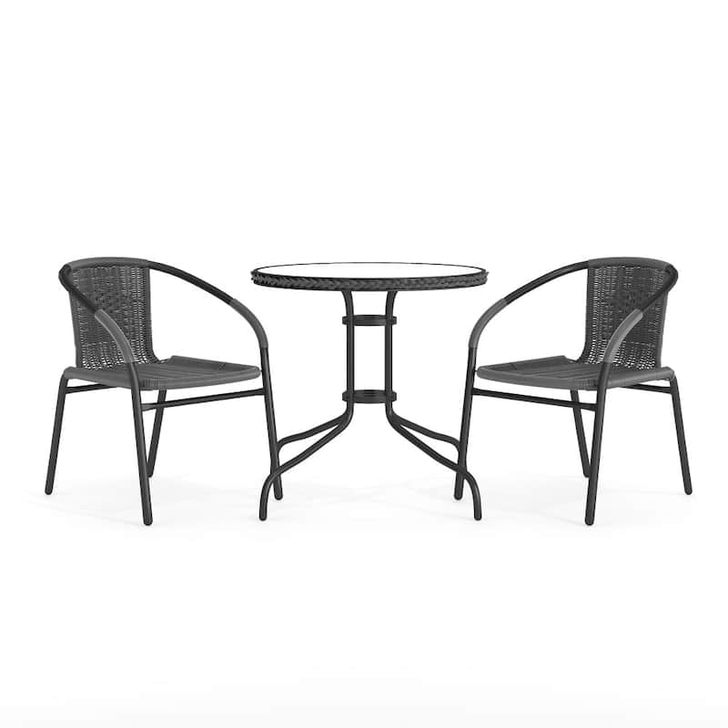 3-piece Outdoor Table/Chair Set - 28.75"W x 28.75"D x 28"H - Clear Top/Grey Rattan