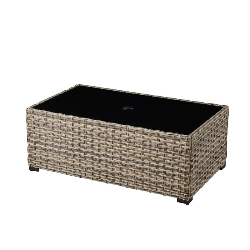 HOOOWOOO Wicker Rattan Patio Rectangle Coffee Table with Umbrella Hole