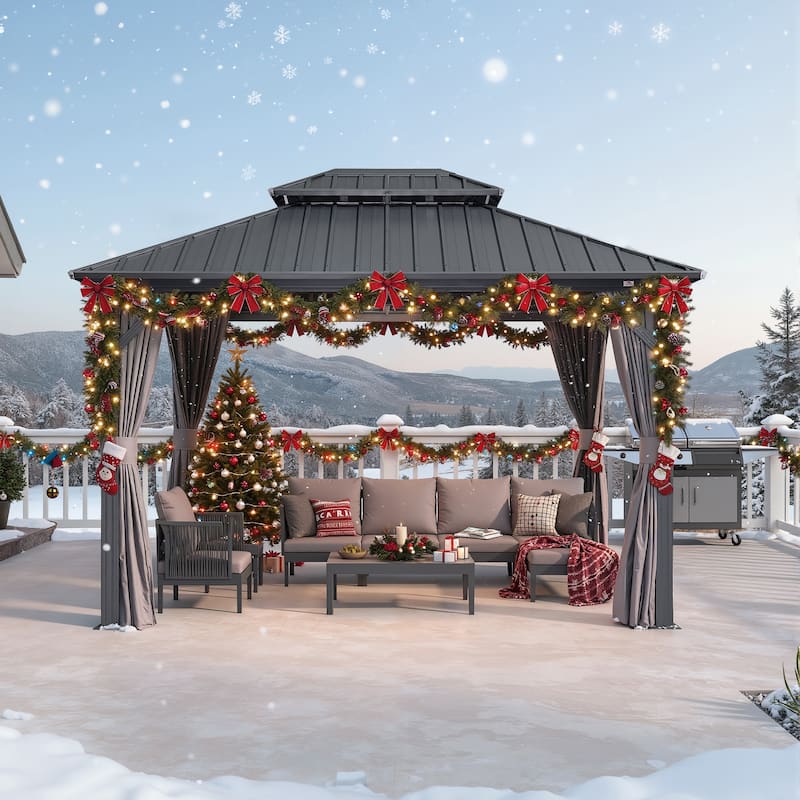 PURPLE LEAF Gazebo Outdoor Gazebo with Dual-Layer Galvanized Steel Double Roof Aluminum Gazebo with Netting and Curtains Grey