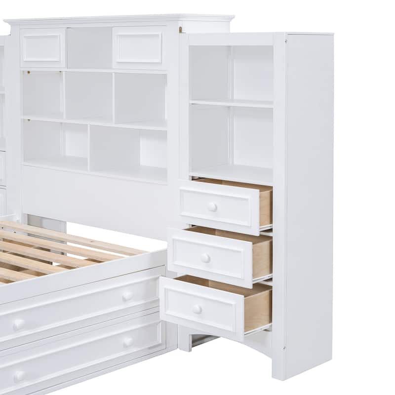Twin Size Platform Bed with All-in-One Vertical Cabinet Bookcase, Solid Wood Captain's Bed Frame with 4 Drawers on Each Side