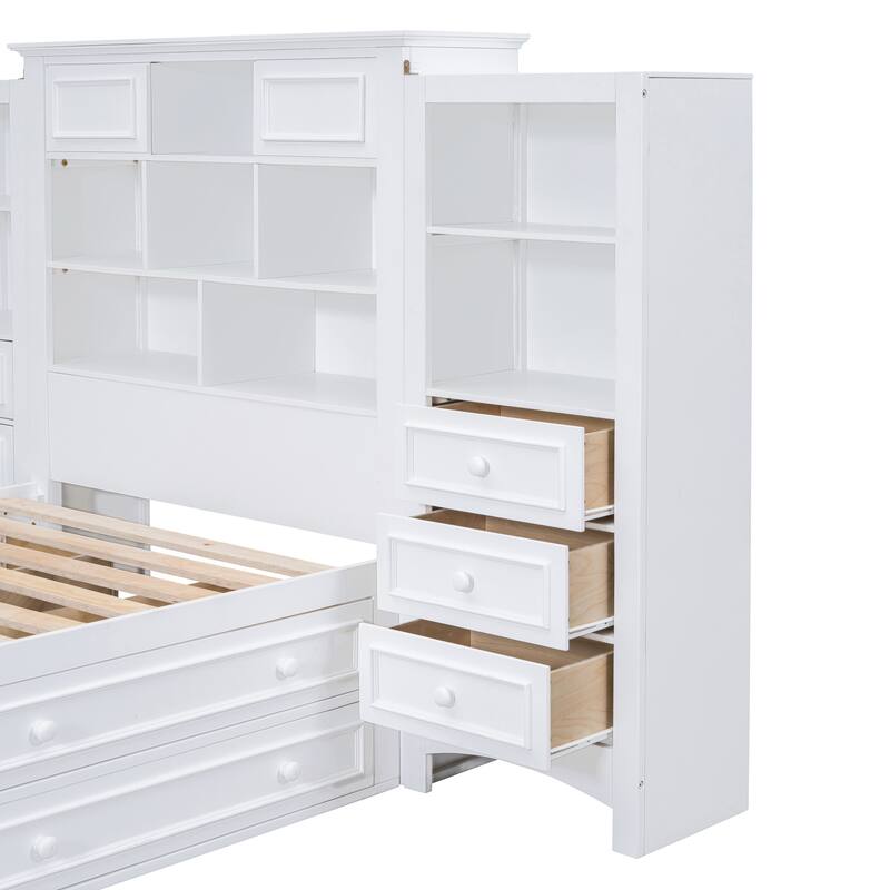 White Twin Size Wood Platform Bed with Vertical All-in-One Cabinet and 4 Drawers on each side