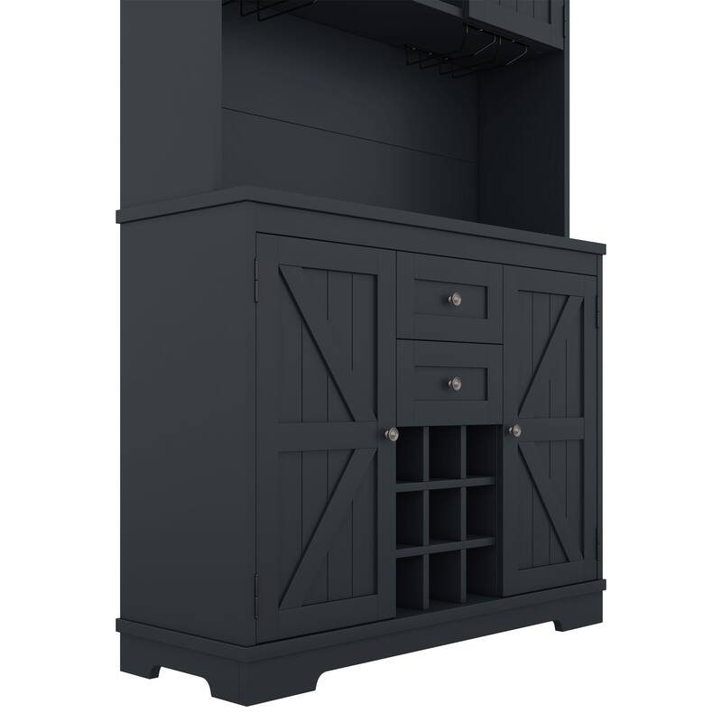 Anmytek Dark Blue Farmhouse Coffee Bar Cabinet, Kitchen Buffet with Wine Storage and Glass Racks