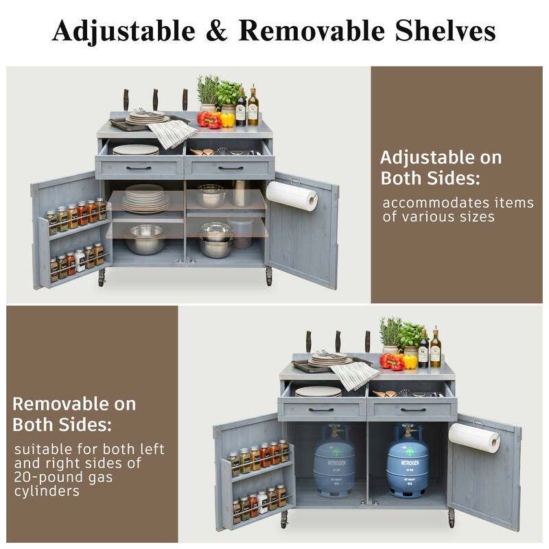 39.4" Outdoor Kitchen Island with Stainless Table Top, One Large Drawer, Adjustable Shelves, Internal Storage Racks & 4 Wheels