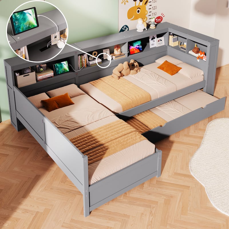 Wood Twin Size L-shaped Platform Bed with Trundle, Charging Station and Storage Shelves