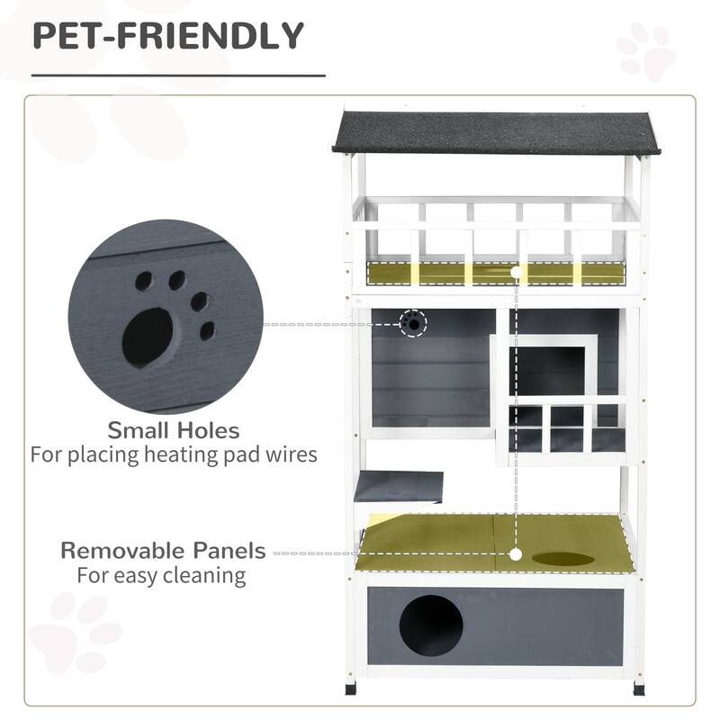 PawHut Wooden Outdoor Cat House, Feral Cat Shelter Kitten Tree - Grey
