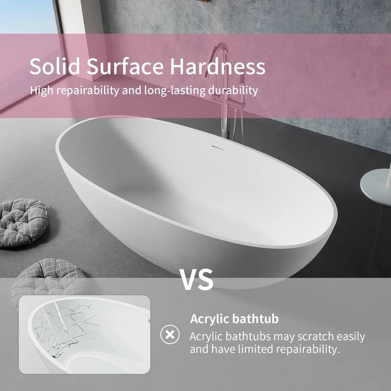 ABRUZZO 65" Freestanding Soaking Solid Surface Bathtub with Overflow and Pop-up Drain