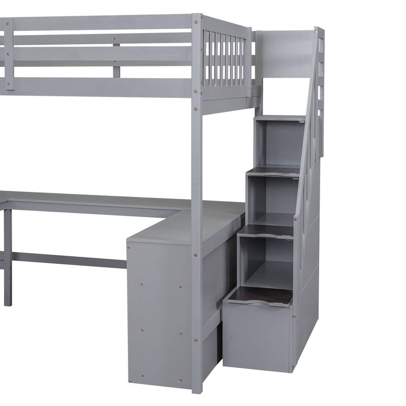 Roomfitters Full Loft Bed with L-Shaped Desk, Three-Tier Storage Shelves and Staircase Access