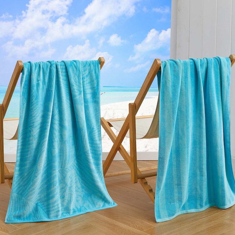 Linery & Co. 100% Cotton Jacquard 2 Pack Summer Beach Towels - 2 Pack- 30" x 60" - Turquoise/Teal Palm Leaf & Stripe
