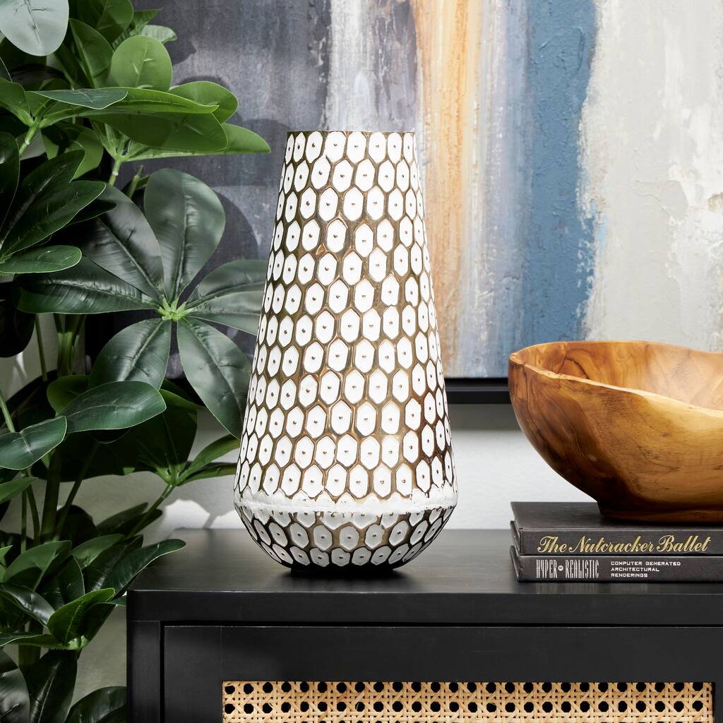 Gold Metal Geometric Dot Geometric Decorative Vase with White Accents